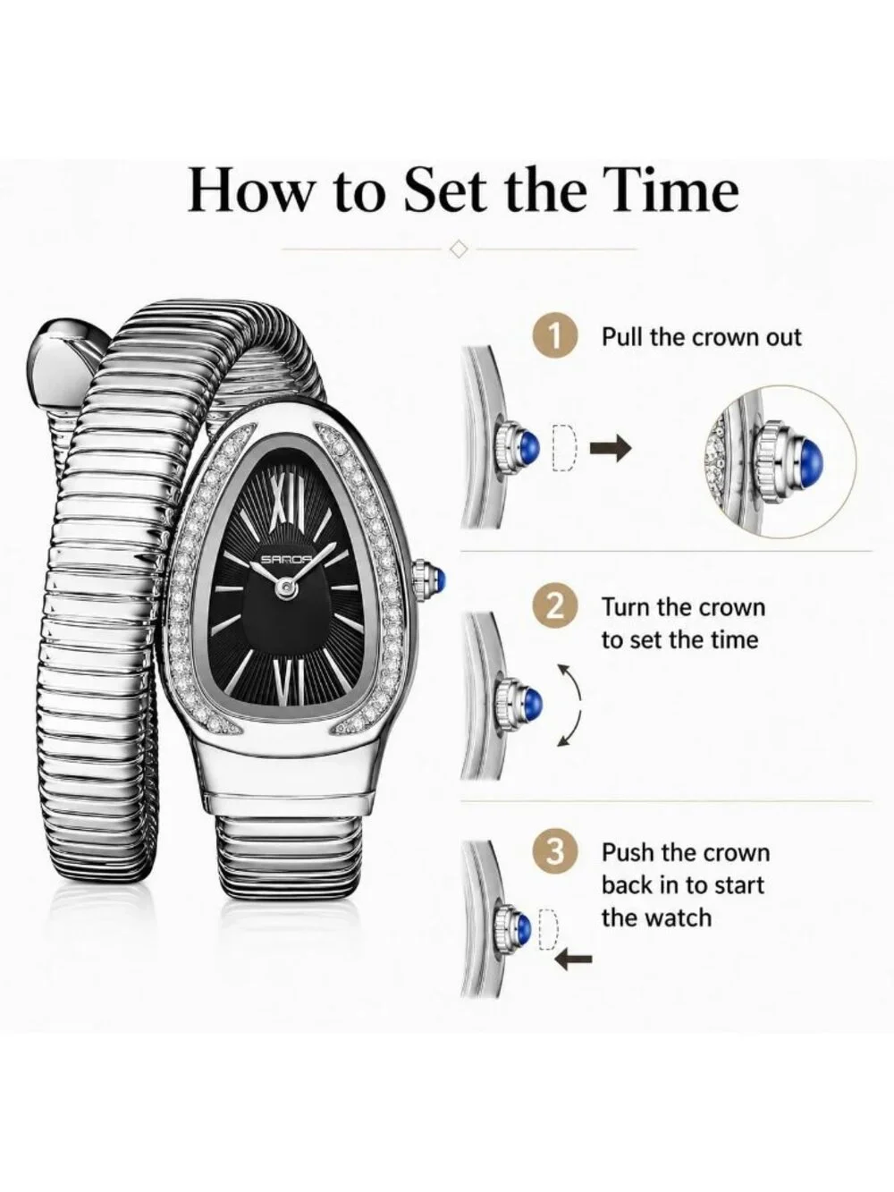 Women's Silver Black Elegant Wrap Around Bangle Fashion Snake Cuff Wrist Watches